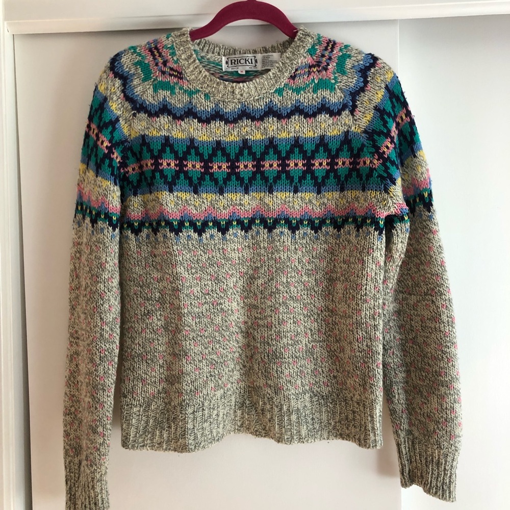 Vintage Y2K RICKI Cottagecore Fair Isle Grey Sweater, Pastel Detailing